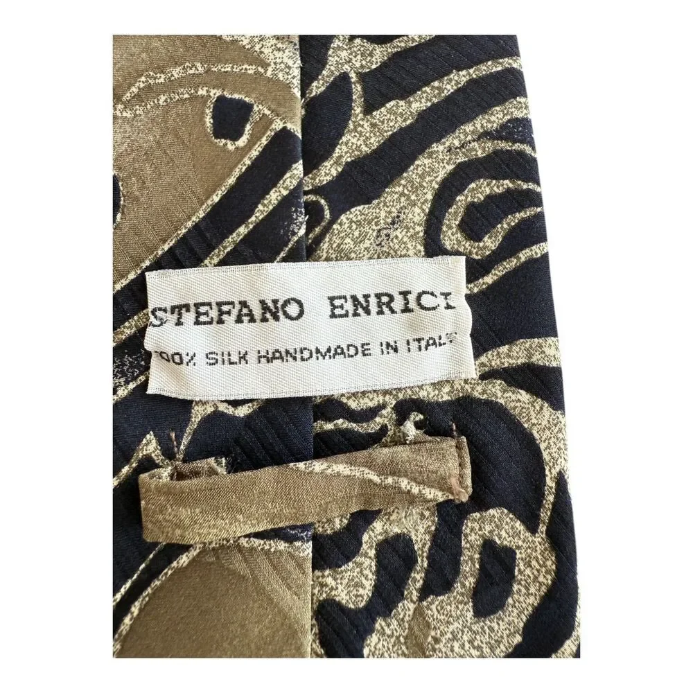Stefano Enrici Navy and Tan Paisley Silk Jacquard Tie (Handmade in‎ Italy)